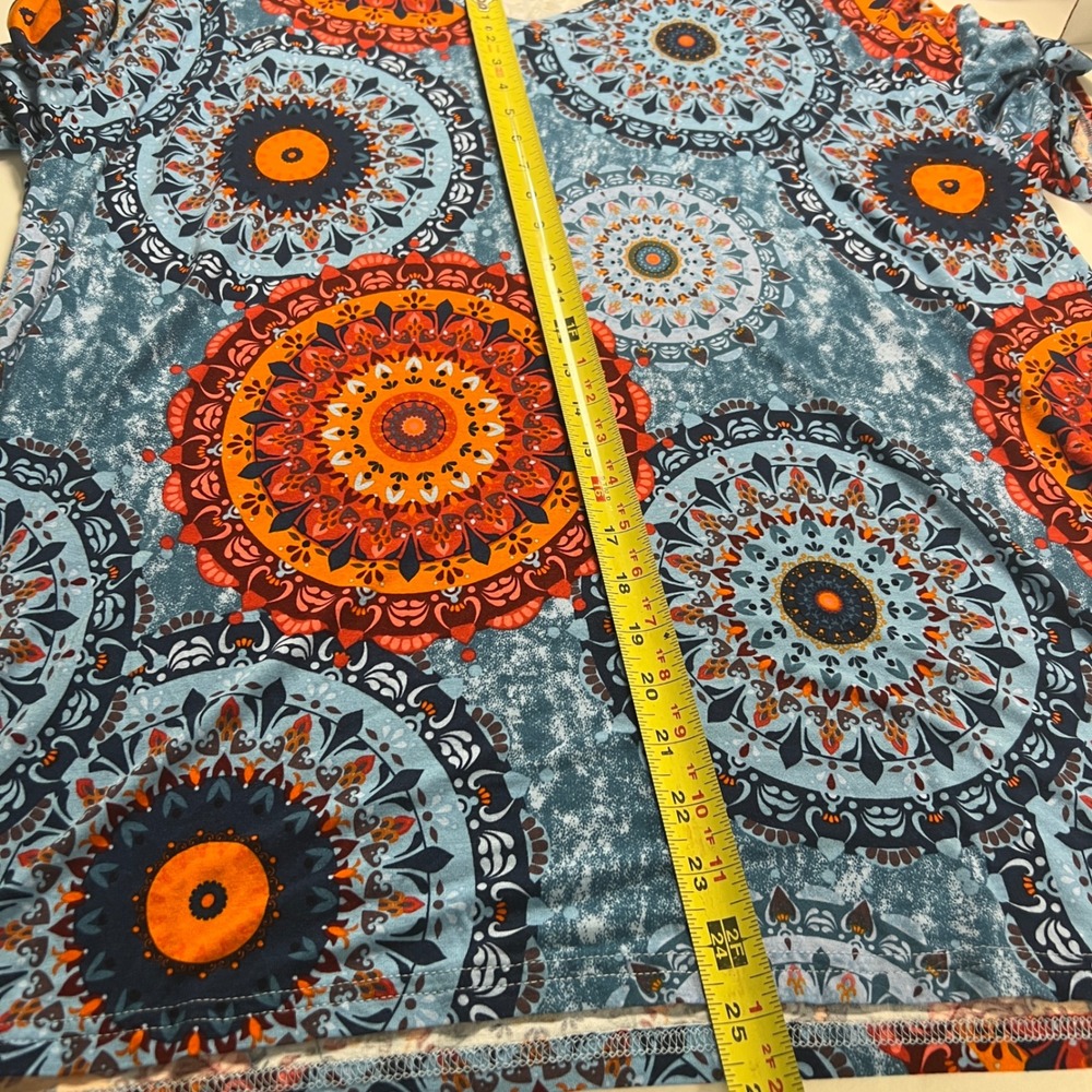 Womens Blue Orange Mandala Print V-Neck Short Sleeve Top 2XL Boho T-Shirt - Picture 6 of 8